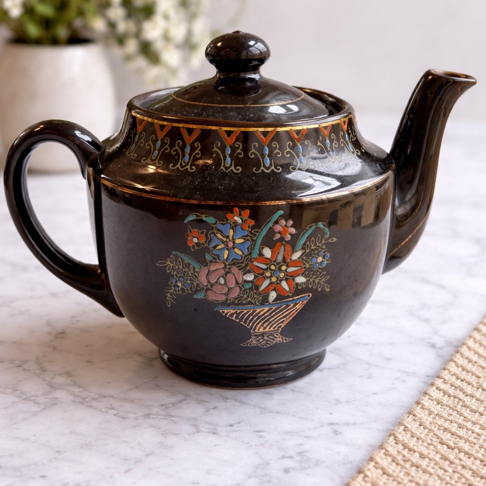 Floral Black Ceramic Teapot